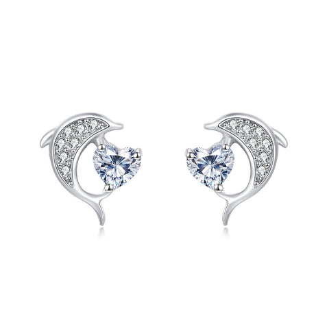 925 Sterling Silver Elegant Silver Dolphin Earrings With Heart-shaped Zircon Accents