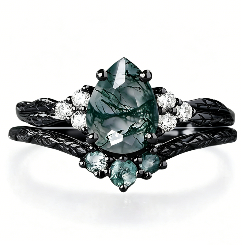 Sterling Silver 2CT Moss Agate  Engagement Wedding Ring Sets for Women