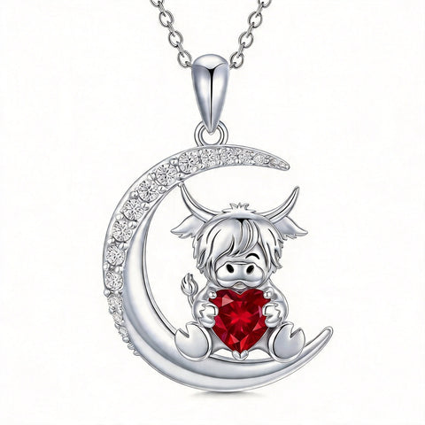Sterling Silver Round Heart Birthstone Highland Cow Pendant Necklace Fluffy Cow Jewelry Gifts Birthday Christmas