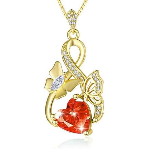 Heart Birthstone 14K  Gold Plated Butterfly Pendant Necklace for Women