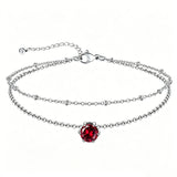 Sterling Silver  Round Birthstone Double Layer Charm Anklet