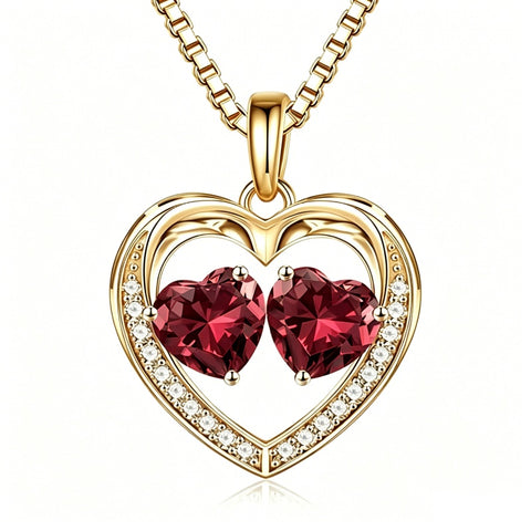 14K Gold Plated Double Heart Birthstone Necklace Anniversary Birthday Gifts for Women