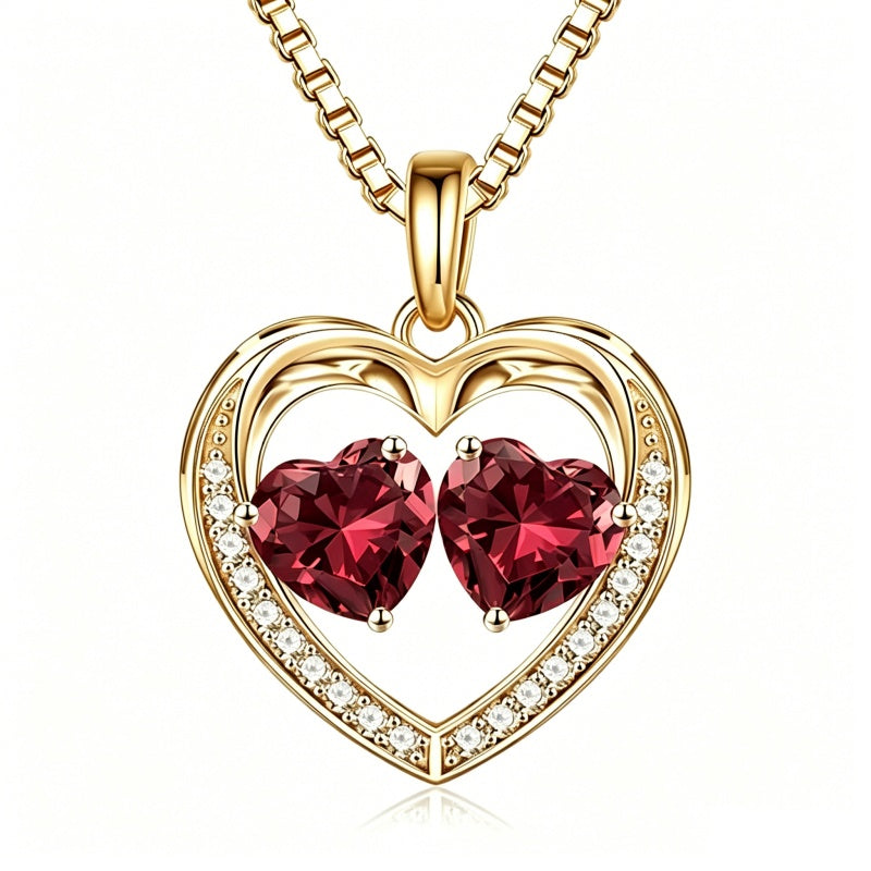 14K Gold Plated Double Heart Birthstone Necklace Anniversary Birthday Gifts for Women