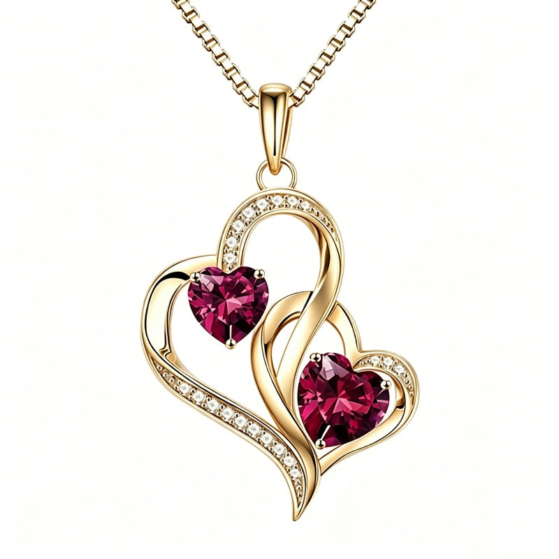 14K Gold Plated Double Heart Birthstone Necklace Anniversary Birthday Gifts