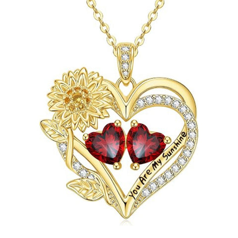 14K Gold  Plated Double Birthstone Heart Sunflower Necklace for Women