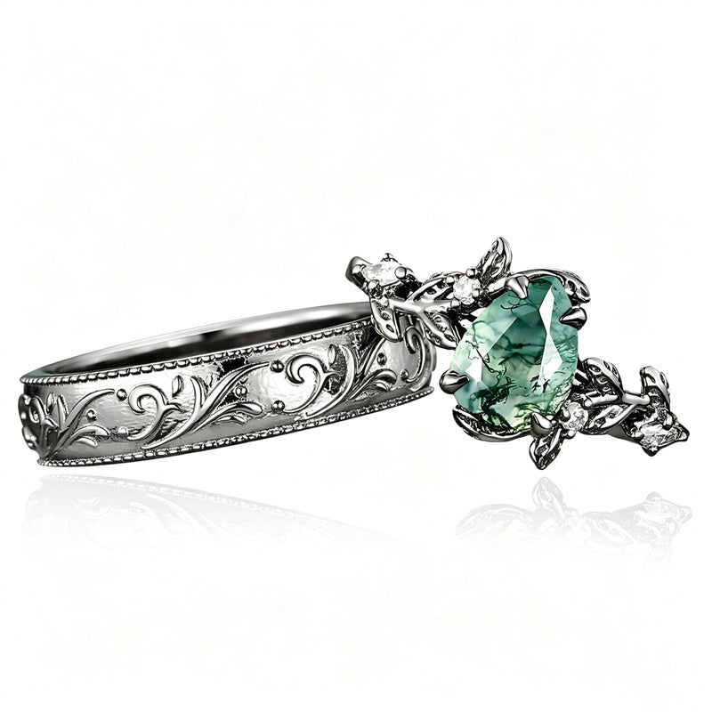 Sterling Silver 10K 14K 18K Gold Natural Leaf  Moss Agate Engagement Anniversary Couple Ring Sets