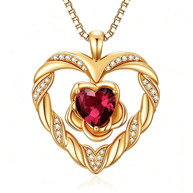 14K Gold Plated  Birthstone Rose Flower Heart Necklaces for Women  Birthday Christams Valentine's Day Jewelry Gift