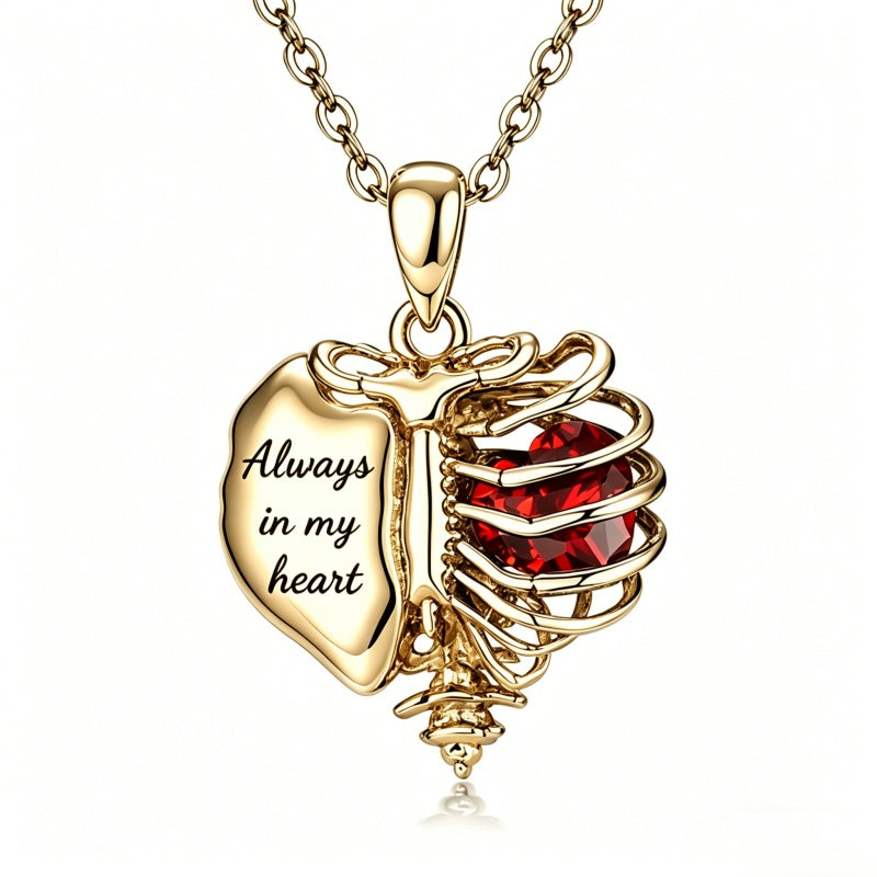 14K Gold Plated  Heart Birthstone Skeleton Necklace With Engraved