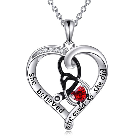 10K 14K 18K Gold Birthstone Caduceus & Stethoscope Pendant Necklace