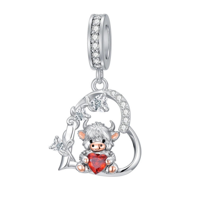Sterling Silver 12 Month Birthstone Highland Cow Charm Beads