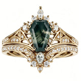 Sterling Silver 10K 14K  18K Gold Personalized Engraved Moss Agate Gothic Promise Wedding Engagement Black Ring Set