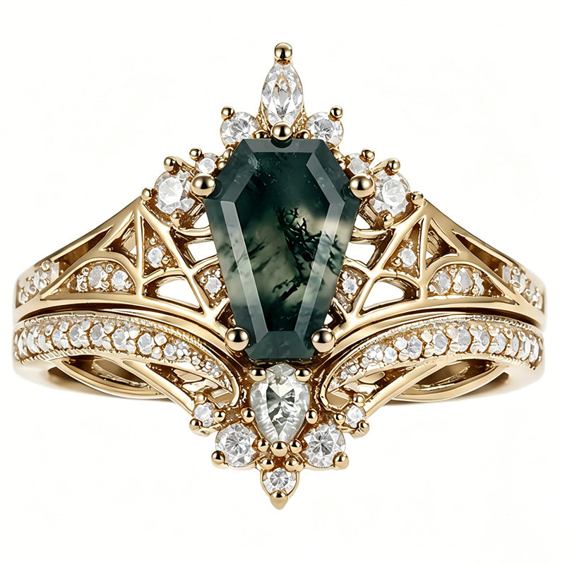Sterling Silver 10K 14K  18K Gold Personalized Engraved Moss Agate Gothic Promise Wedding Engagement Black Ring Set