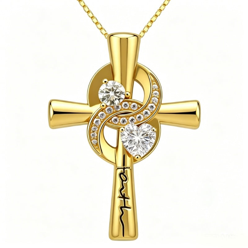 14K Gold Plated Dainty Heart Birthstone Pendant Cross Necklace for Women Religious Gift