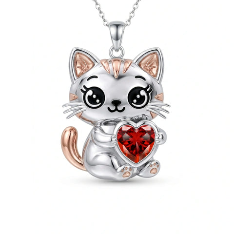 Sterling Silver 12 Month Birthstone Cat Pendant Necklace Birthstone Jewelry Gifts for Birthday