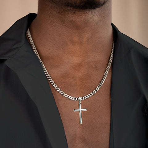 Sterling Silver Cross Pendent for Men With Stainless Steel Cuban Link Pendant Necklace