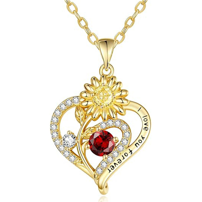 Sterling Sliver Birthstone Love Heart & Sunflower Pendant Necklace Engraved With You Are My Sunshine