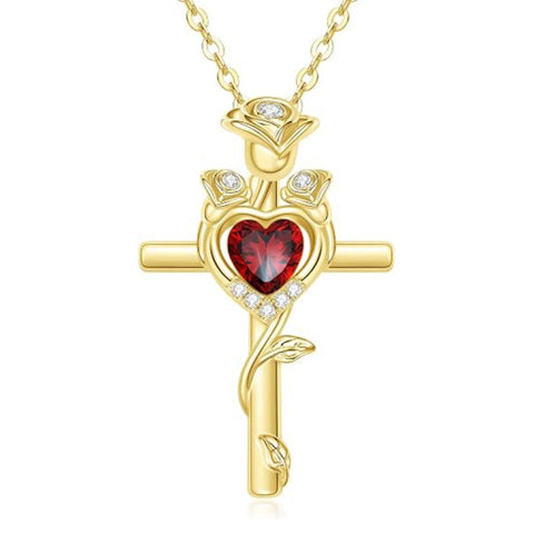 14K Gold Plated Birthstone Rose Cross Necklace for Women Faith Jewelry Gift