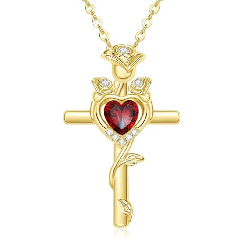 14K Gold Plated Birthstone Rose Cross Necklace for Women Faith Jewelry Gift