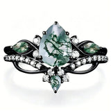 Sterling Silver 2CT Moss Agate  Engagement Wedding Ring Sets for Women