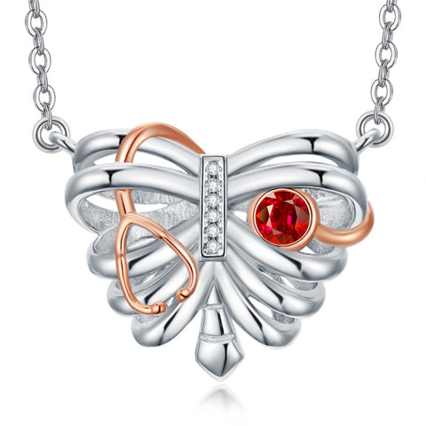 Sterling Silver Heart Rib Cage&Doctor Nurse  Stethoscope Medicine Themed Pendant Necklace