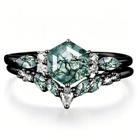 Sterling Silver 2CT Moss Agate  Engagement Wedding Ring Sets for Women