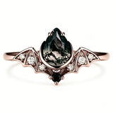Sterling Silver 10K 14K  18K Gold Personalized Engraved Moss Agate Gothic Promise Wedding Engagement Black Ring Set