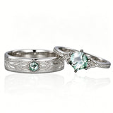Sterling Silver 10K 14K 18K Gold Natural Leaf  Moss Agate Engagement Anniversary Couple Ring Sets