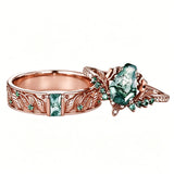 Sterling Silver 10K 14K 18K Gold Natural Leaf  Moss Agate Engagement Anniversary Couple Ring Sets