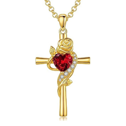 14K Gold Plated Birthstone Rose Cross Necklace for Women Faith Jewelry Gift