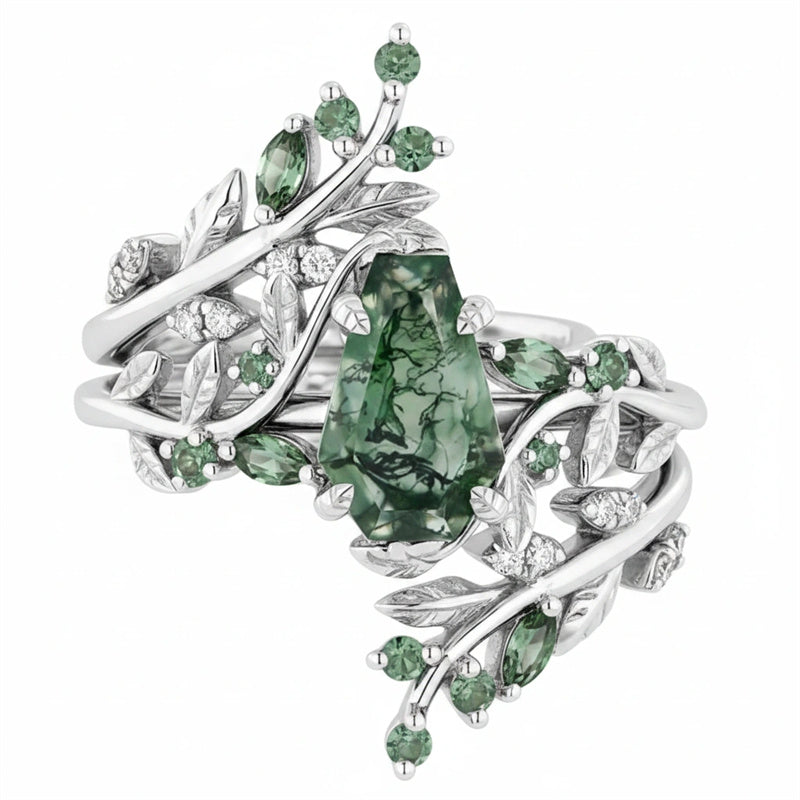 Sterling Silver 10K 14K  18K Gold Personalized Engraved Moss Agate Gothic Promise Wedding Engagement Black Ring Set