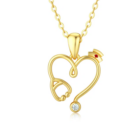 14K Gold Stethoscope Necklace Heart-Shaped Stethoscope Pendant Necklace for Doctor Nurse Medical Student Gifts