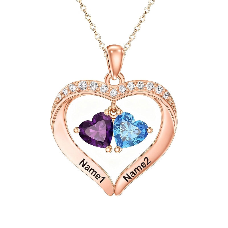14K Gold Plated Personalized 1-5 Heart Birthstone Names Necklace  for Women
