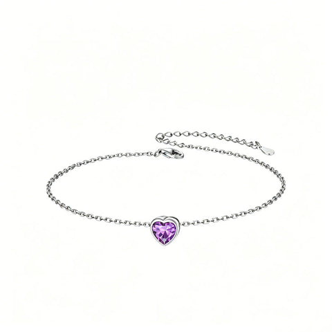 Sterling Silver Simple Dainty Round Heart Birthstone Single Layer Charm Anklet