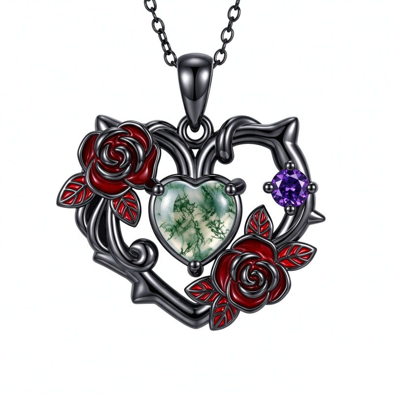 Sterling Silver Black Heart Skeleton Birthstone Necklace With Engraved Halloween Gift