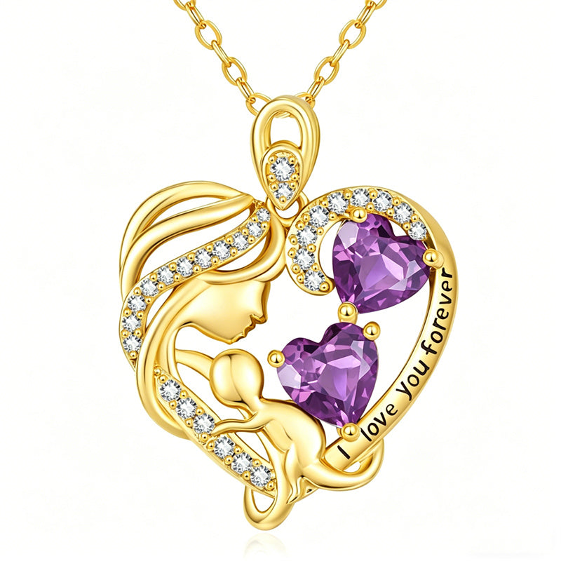 10K 14K 18K Gold Double Birthstone Heart Mother Son/Daughter Pendant Necklace for Mom