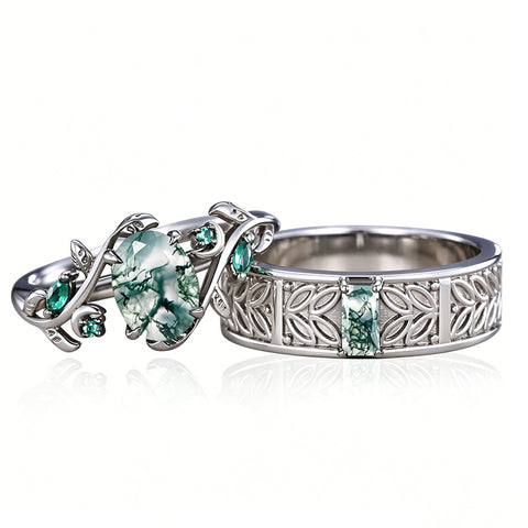 Sterling Silver 10K 14K 18K Gold Natural Leaf  Moss Agate Engagement Anniversary Couple Ring Sets