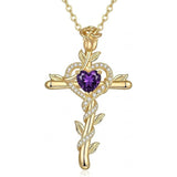 14K Gold Plated Heart Birthstone Rose Cross  Pendant Necklace  Religious Christian Jewelry for Women