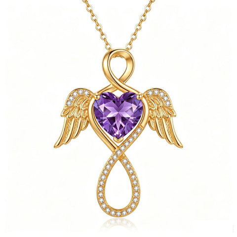 14K Gold Plated 12-Month Birthstone Infinity Angel Wings Pendant Necklace for Women