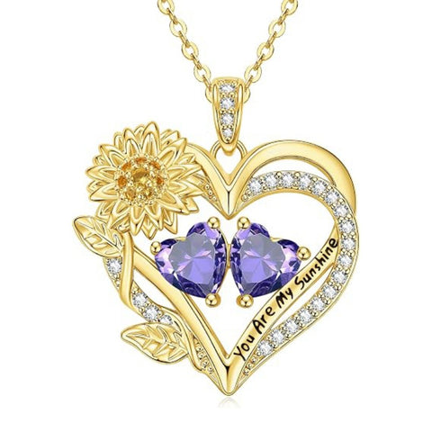 14K Gold  Plated Double Birthstone Heart Sunflower Necklace for Women