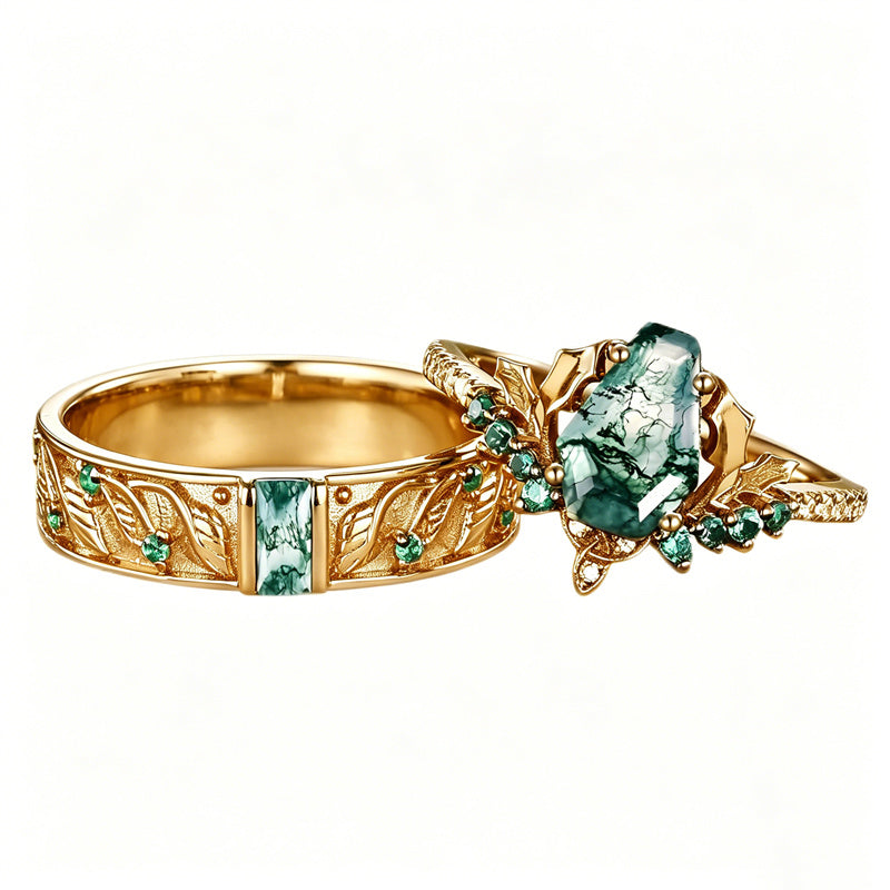 Sterling Silver 10K 14K 18K Gold Natural Leaf  Moss Agate Engagement Anniversary Couple Ring Sets