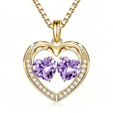 14K Gold Plated Double Heart Birthstone Necklace Anniversary Birthday Gifts for Women