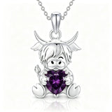 Sterling Silver Birthstone Highland Cow Pendant Necklace Birthday Christmas Gift
