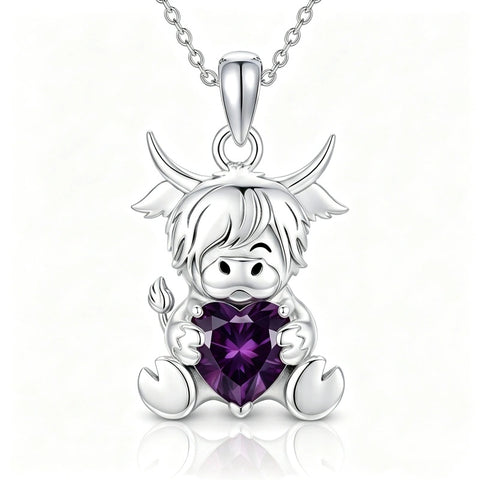 Sterling Silver Birthstone Highland Cow Pendant Necklace Birthday Christmas Gift