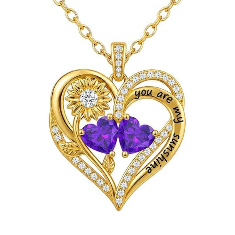 Double Birthstone Necklace 14K Gold Plated You Are My Sunshine Sunflower Necklace Heart Pendant Necklace