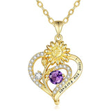 Sterling Sliver Birthstone Love Heart & Sunflower Pendant Necklace Engraved With You Are My Sunshine