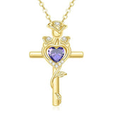 14K Gold Plated Birthstone Rose Cross Necklace for Women Faith Jewelry Gift