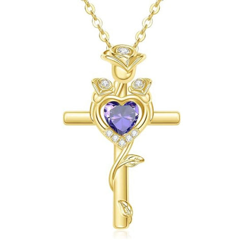 14K Gold Plated Birthstone Rose Cross Necklace for Women Faith Jewelry Gift