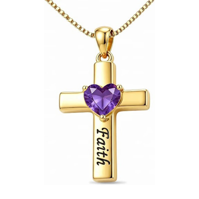 14K Gold Plated Heart Birthstone Cross Necklace for Women Engraved with Faith