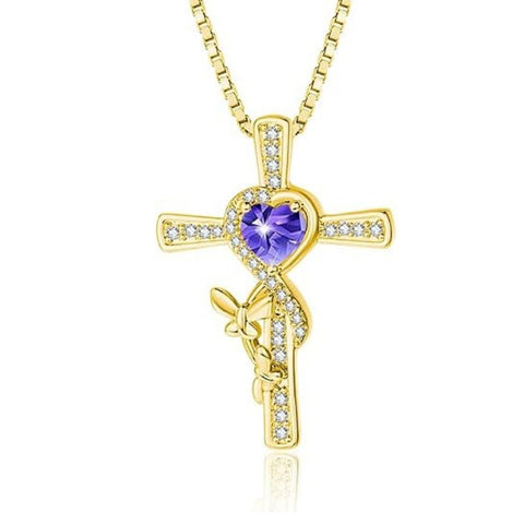 14K Gold Plated Birthstone Butterfly  Cross Pendant Necklace Anniversary Birthday for Her