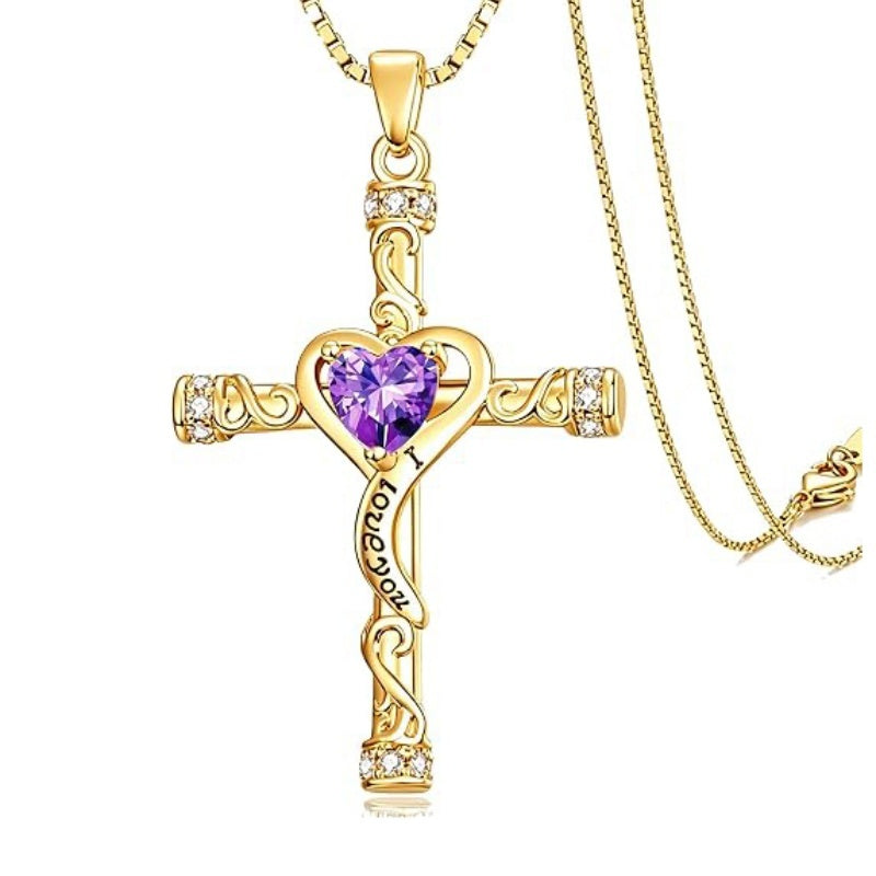 14K Gold Plated Heart Cut Cubic Zirconia Cross  Pendant Necklace For Women Religious Faith Jewelry